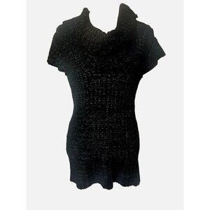 VTG Bebe 2b Black Metallic Cowl Neck Knit Tunic Cap Sleeves Glam Sweater Y2K L